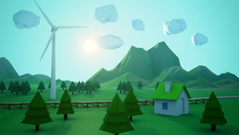 Low-poly-animation.-Ecological-concept.-An-old,-dirt-factory-spreading-pollution-in-the-air-is-changed-by-eco-technology-of-the-wind-turbines-provide-clean,-renewable-energy.