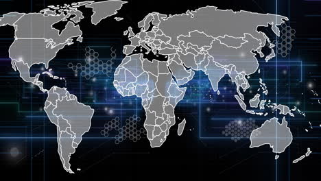 Animación-Del-Procesamiento-De-Datos-Digitales-Sobre-El-Mapa-Mundial-Sobre-Fondo-Negro