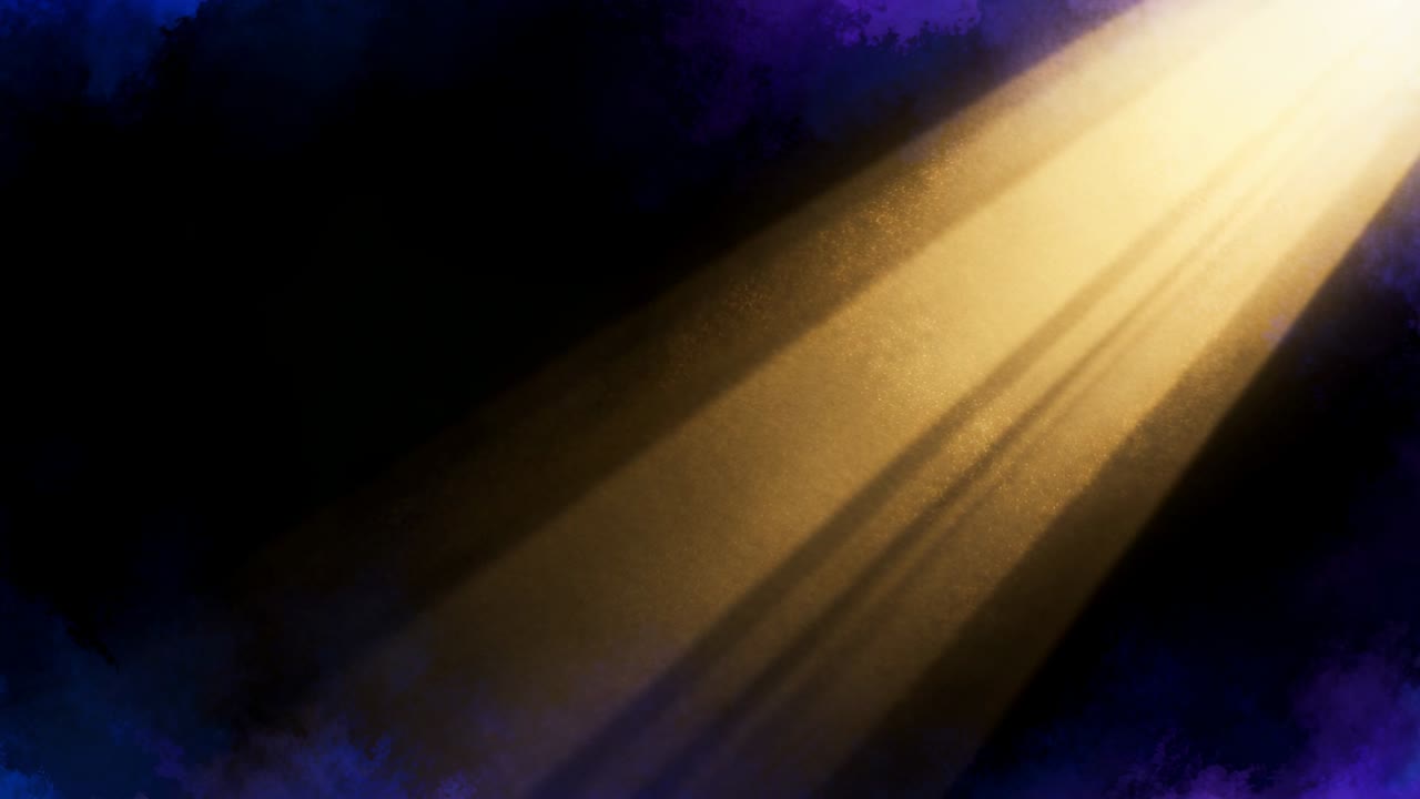 Rising upper-right gold beam forming parallel rays, widening, lighting black void purple-blue stage