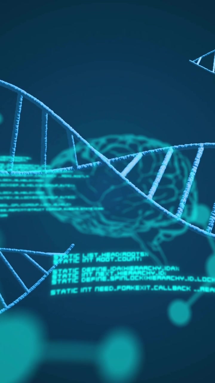 Animazione di filamenti di DNA su elementi, cervelli e dati su sfondo blu.