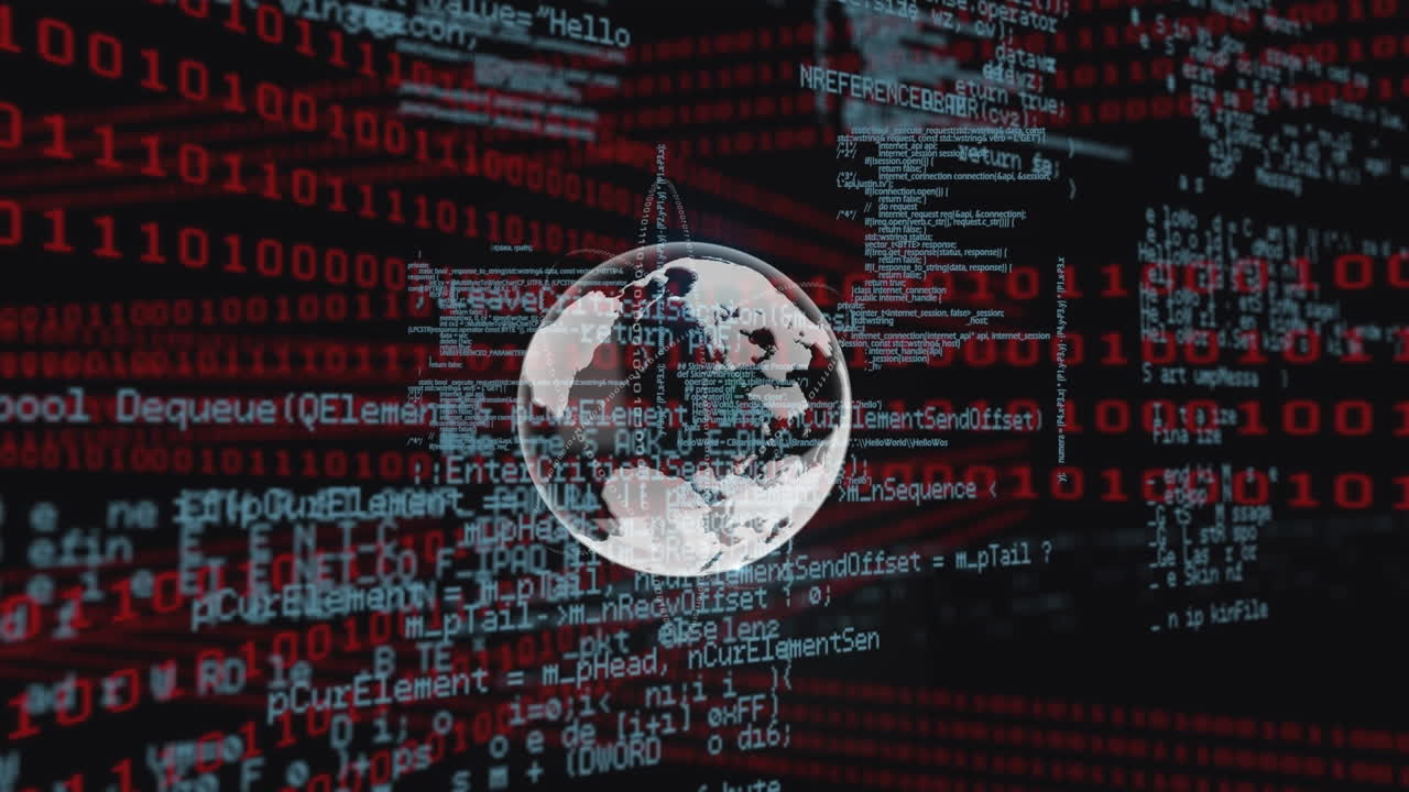 Animation of globe over data processing on black background