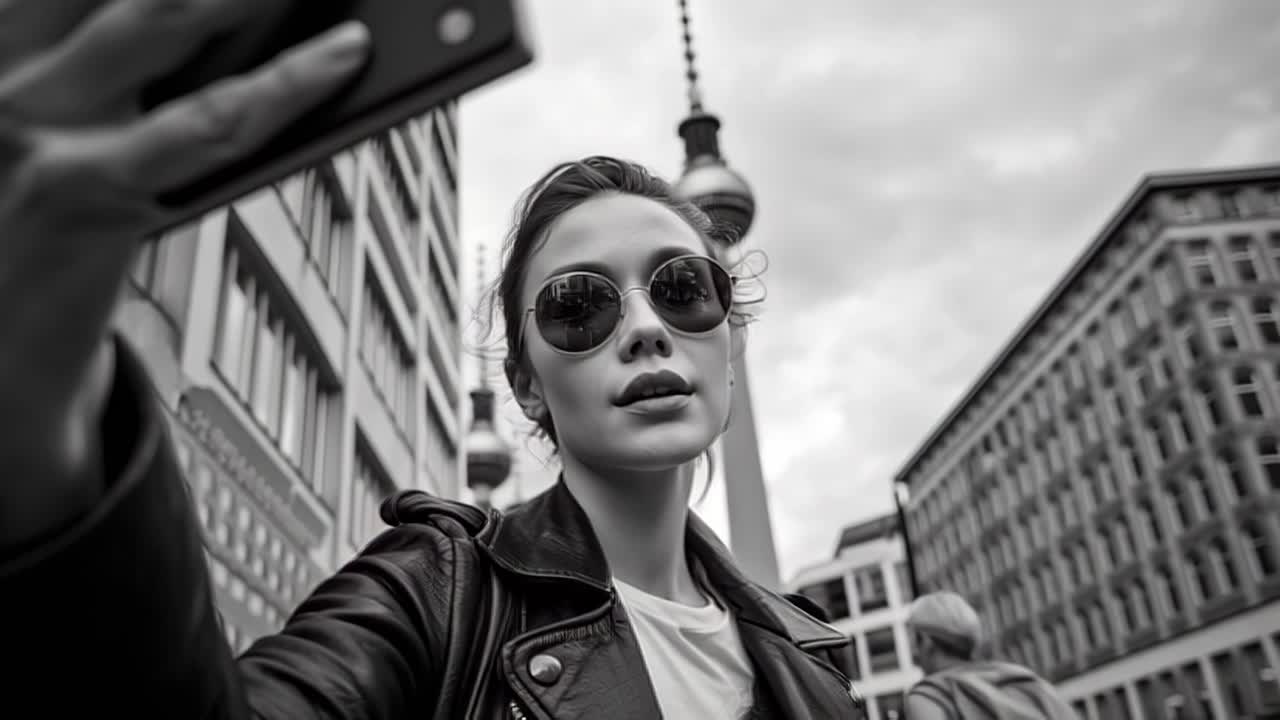 Imagens em preto e branco de uma jovem elegante de óculos de sol tirando uma selfie ao ar livre em uma rua urbana, edifícios modernos e céu nublado ao fundo
