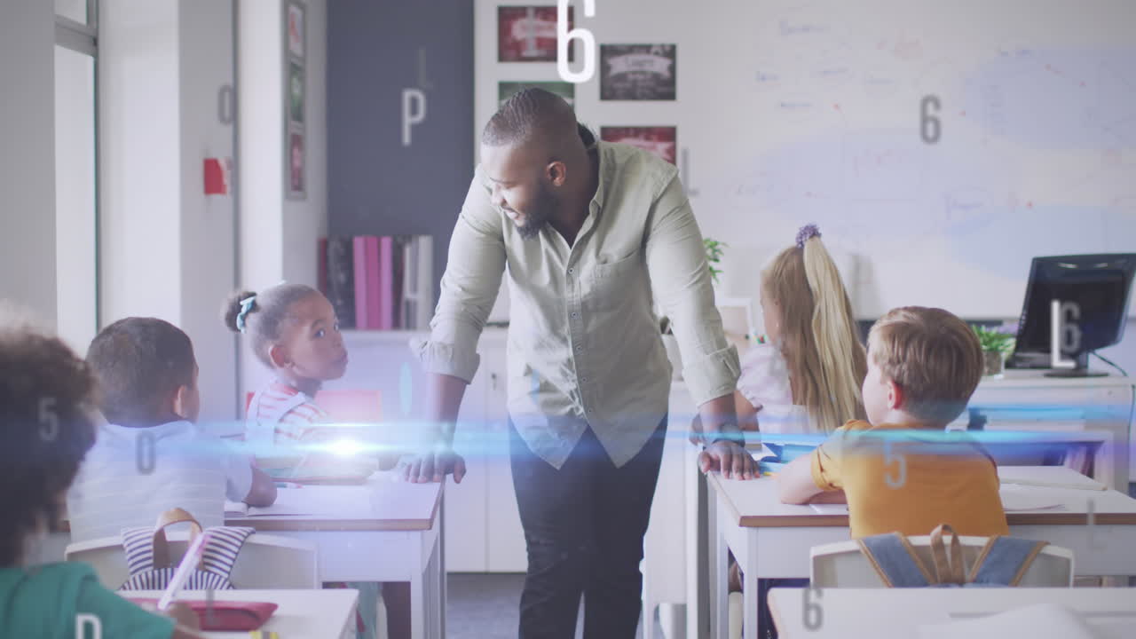 Animation of glowing light over happy african american male teacher talking with pupils in class