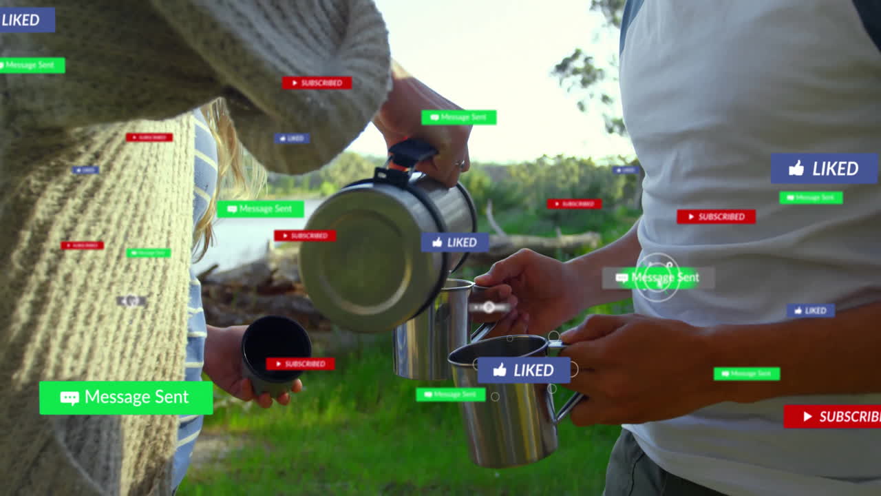 Pouring coffee outdoors, people receiving social media notifications with animation