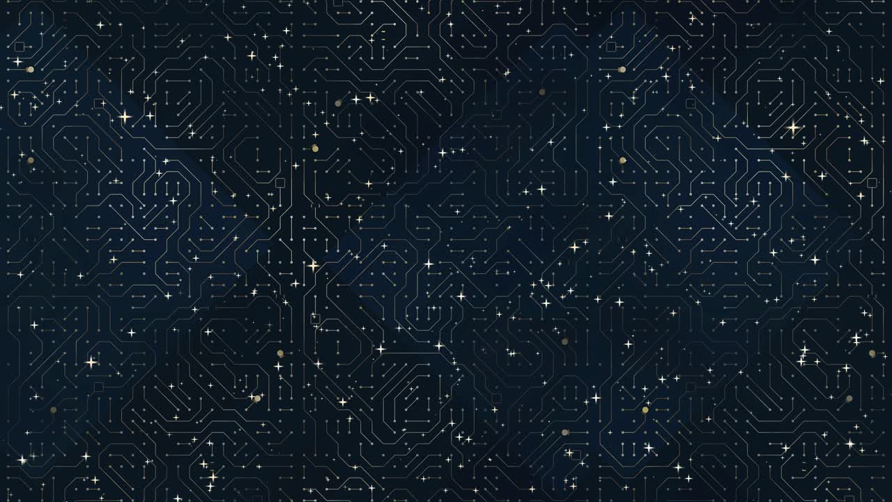 Intrikata elektroniska kretskortsvägar och noder mot en mörkblå bakgrund, teknik, digital anslutning, nätverk med glödande linjer och punkter, datahantering och kommunikation