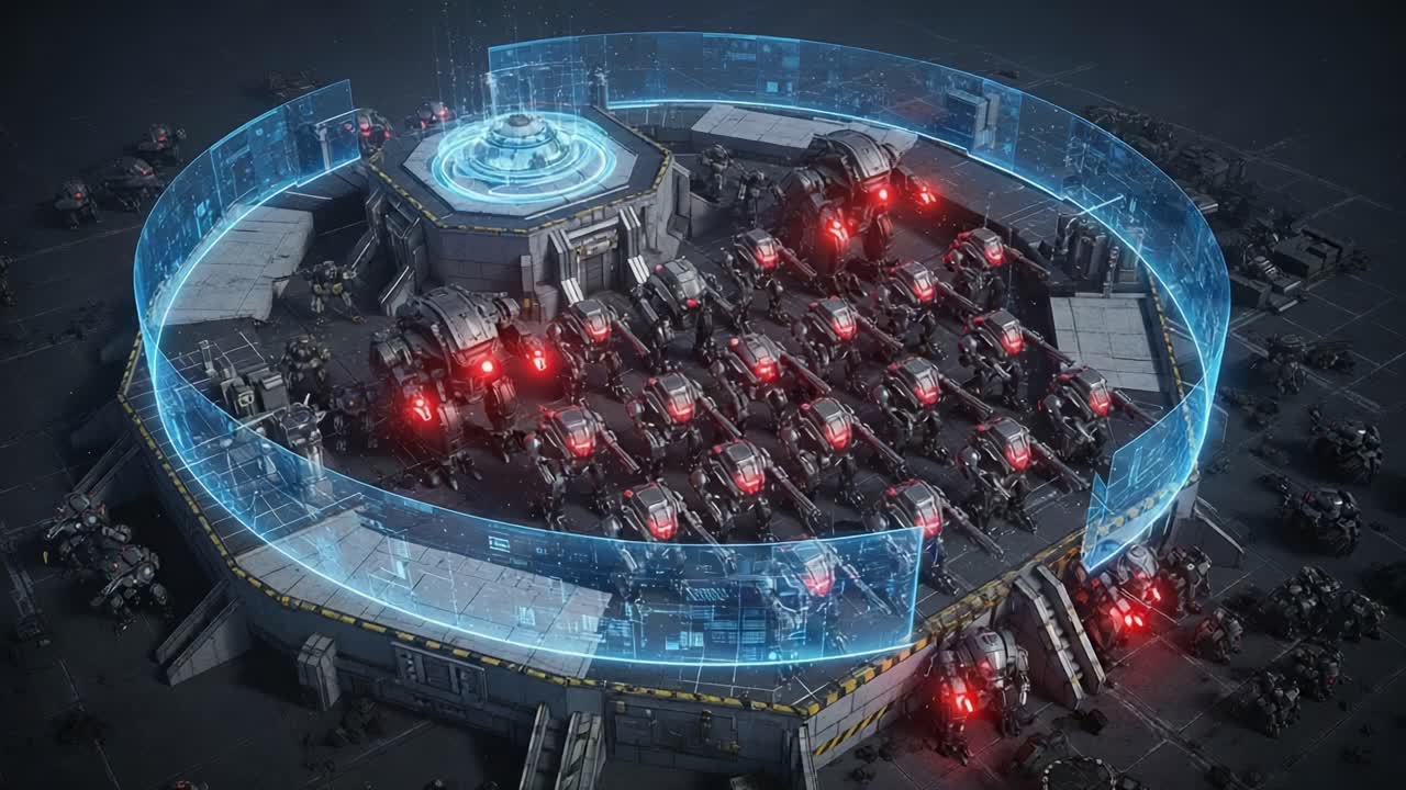 Futuristic Technology Hub: A High-Tech Command Center Featuring Advanced Robotics and Innovative Holographic Displays in a Dynamic Sci-Fi Landscape