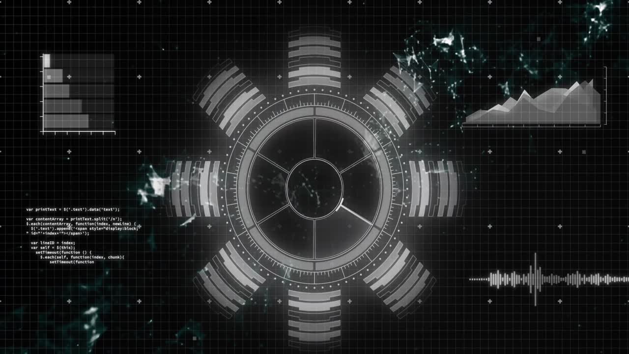 회색 원형 스캐너의 애니메이션과 검은색 배경의 인터페이스에 대한 데이터 처리