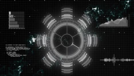 animación del escáner circular gris y procesamiento de datos en la interfaz con fondo negro.