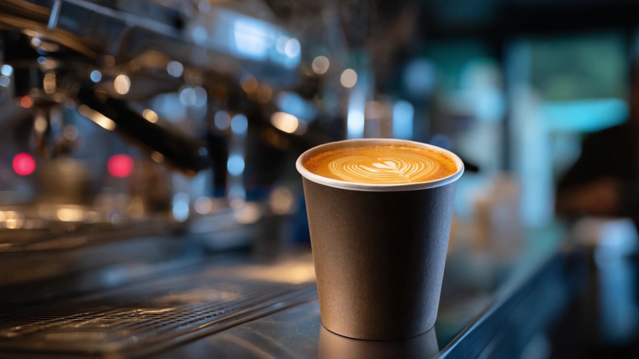 Un caffè preparato alla perfezione in una tazza di carta marrone sul bancone di un barista, che mostra la Latte Art e l'atmosfera calda di un ambiente da caffetteria.