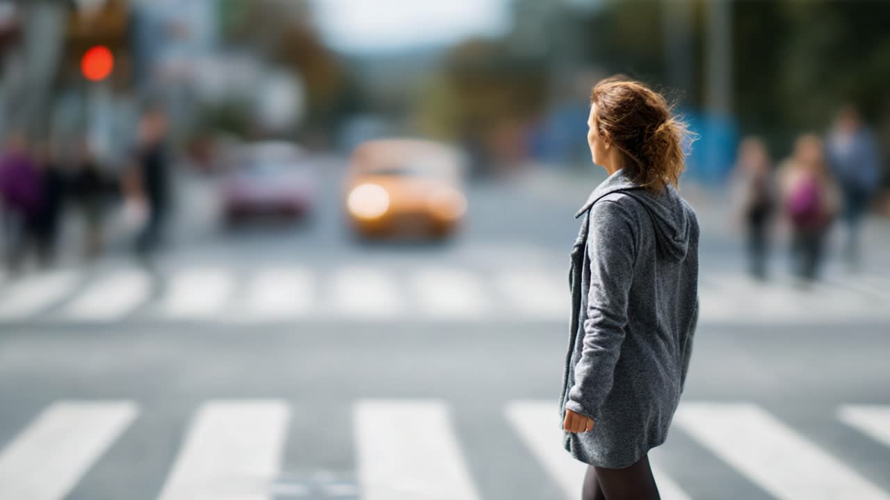 A Woman in a Gray Coat Stands at a Crosswalk, Observing Traffic and Pedestrians on a Busy City Street as She Waits to Cross the Zebra Lines Safely