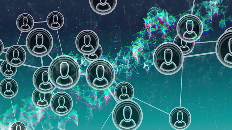 Network of connected user icons and data processing animation over abstract background
