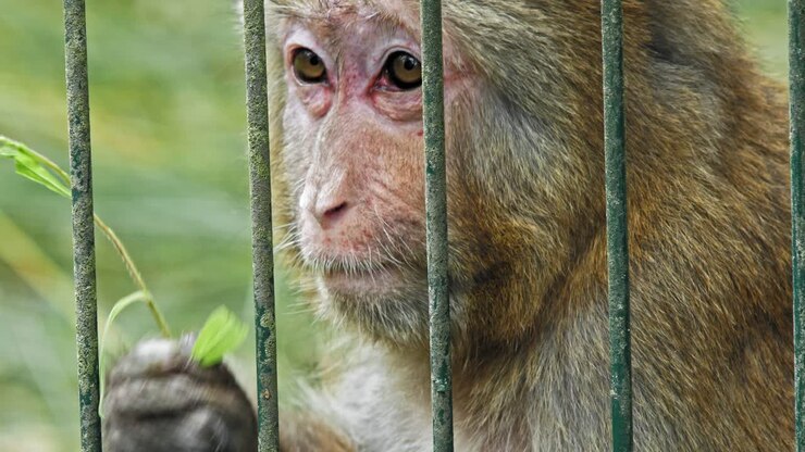 Close Up Of Rhesus Monkey In Cage Eating Leaf
