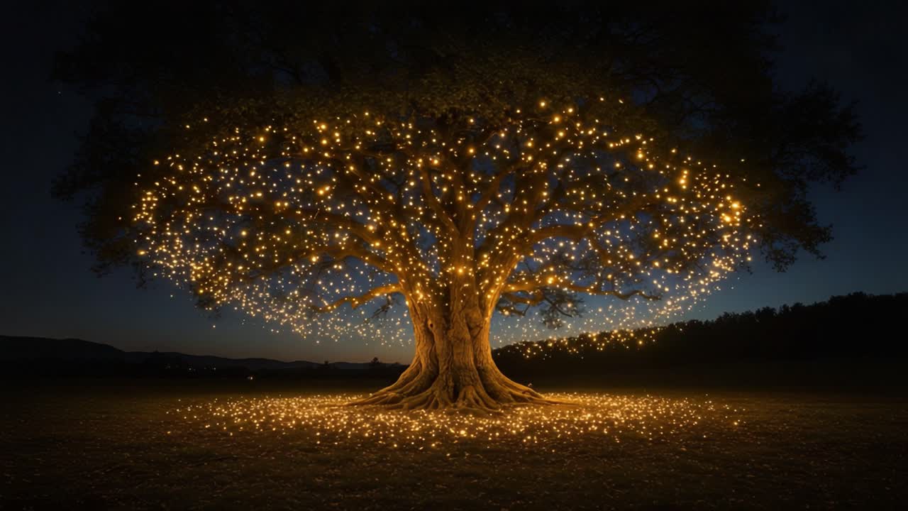 Enchanting illuminated tree standing brilliantly under the night sky, surrounded by a glowing aura of lights that create a magical ambiance and stunning visual appeal