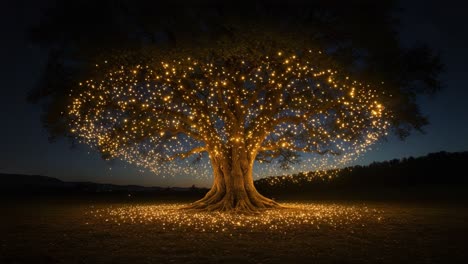 enchanting illuminated tree standing brilliantly under the night sky, surrounded by a glowing aura of lights that create a magical ambiance and stunning visual appeal