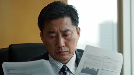 a man in formal attire examines important documents with a serious expression in a modern office environment, symbolizing stress and decision-making.