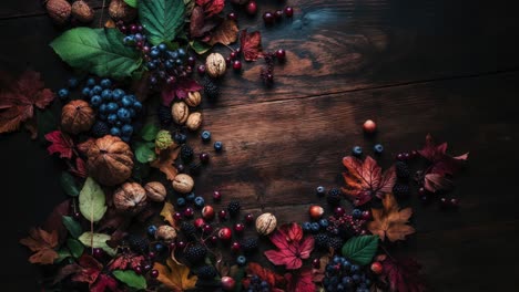 top view of autumn nuts and berries on wooden background