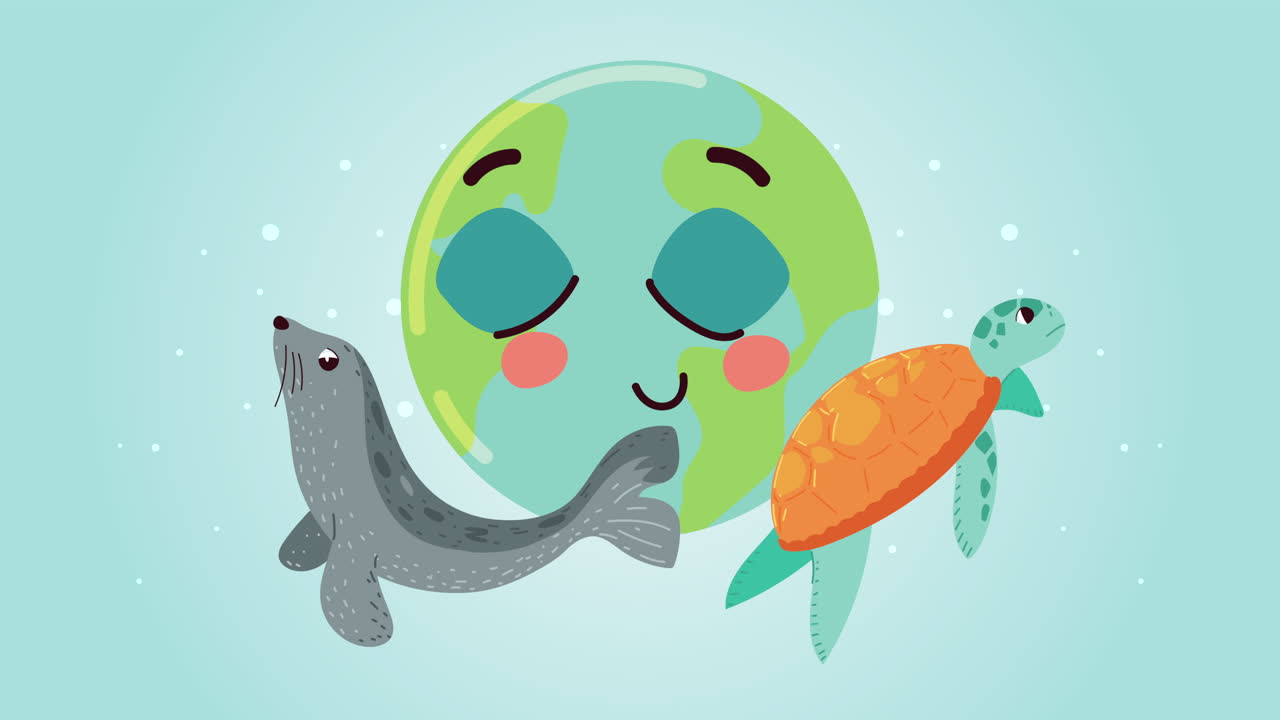 экологическая анимация с тюленем и черепахой в земном характере