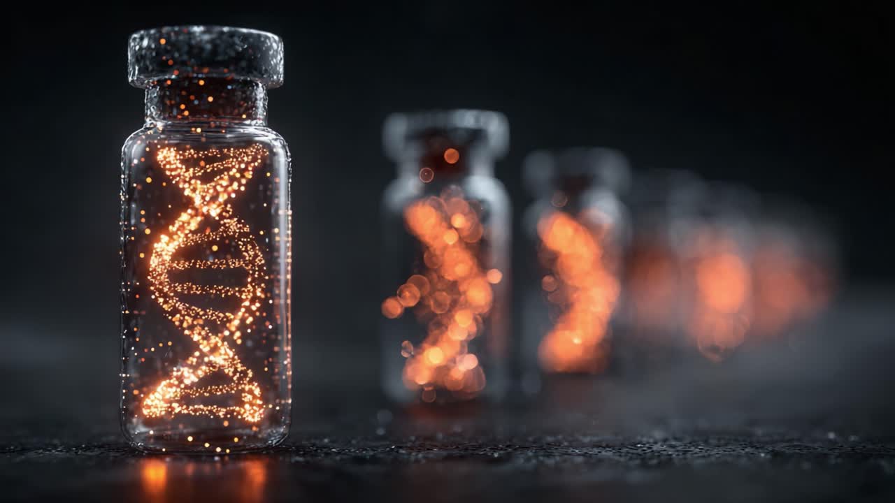 En fængslende visuel rejse gennem tid og innovation: Glødende DNA-hætteglas symboliserer genetiske gennembrud og videnskabelig opdagelse