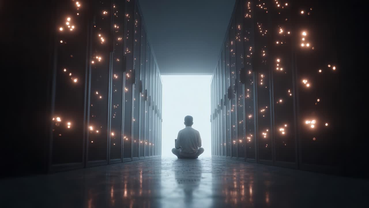 A solitary figure meditates in an ethereal hallway, surrounded by illuminated lockers, embodying a journey of introspection amidst a realm of light and shadow