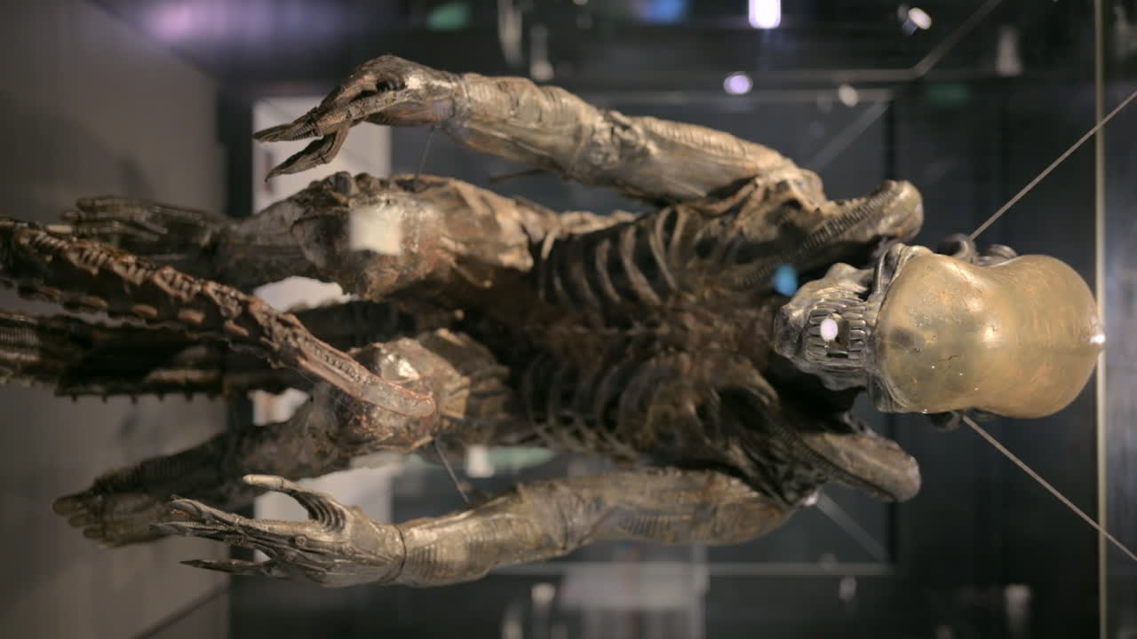 Skeleton on display at a museum. Vertical