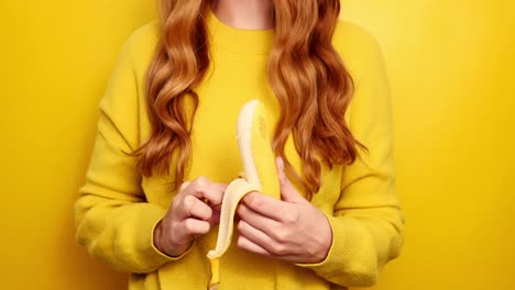 redhead woman peeling banana at yellow background