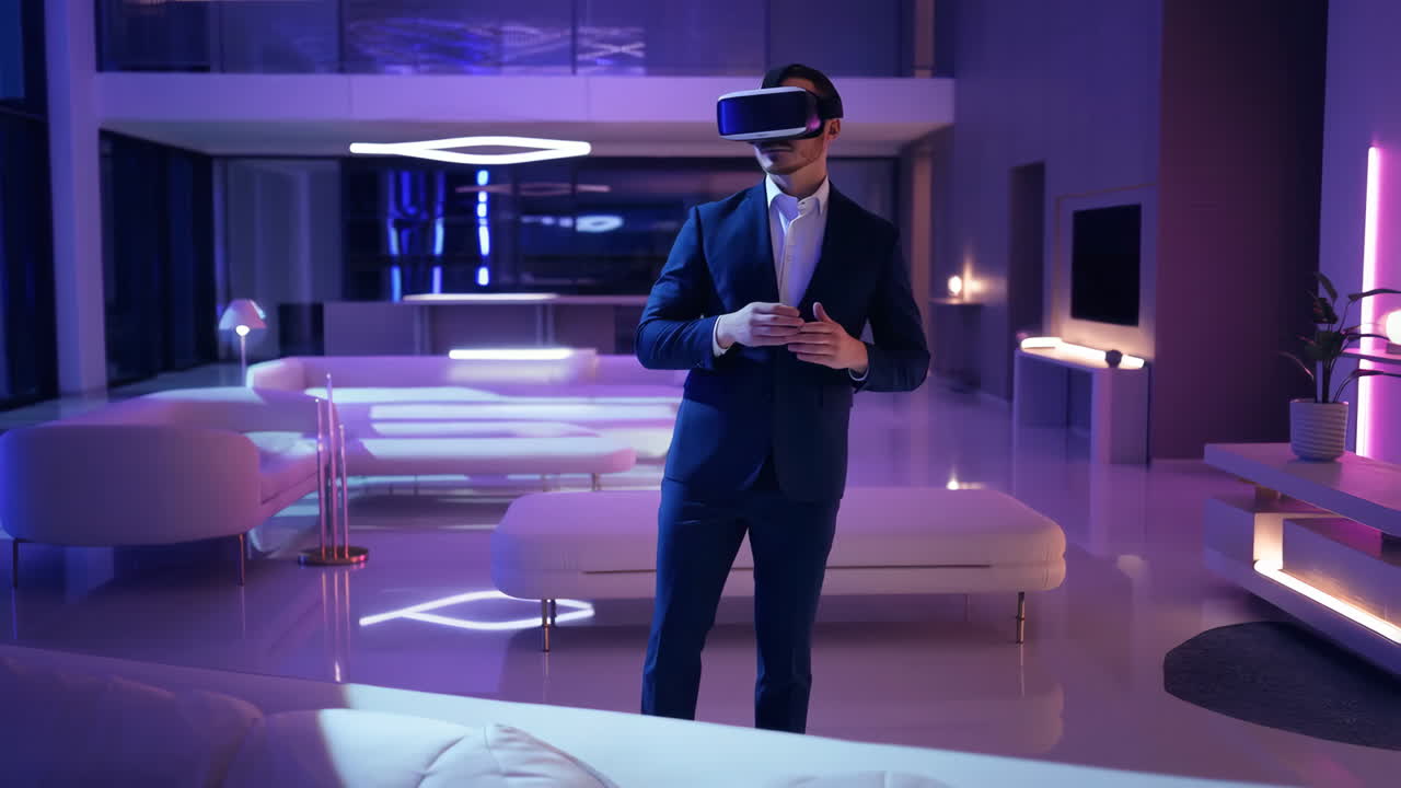 Man in Suit Experiencing Virtual Reality in a Futuristic Smart Home
