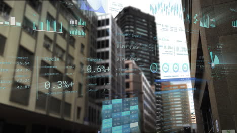 animación del procesamiento de datos financieros sobre el paisaje urbano