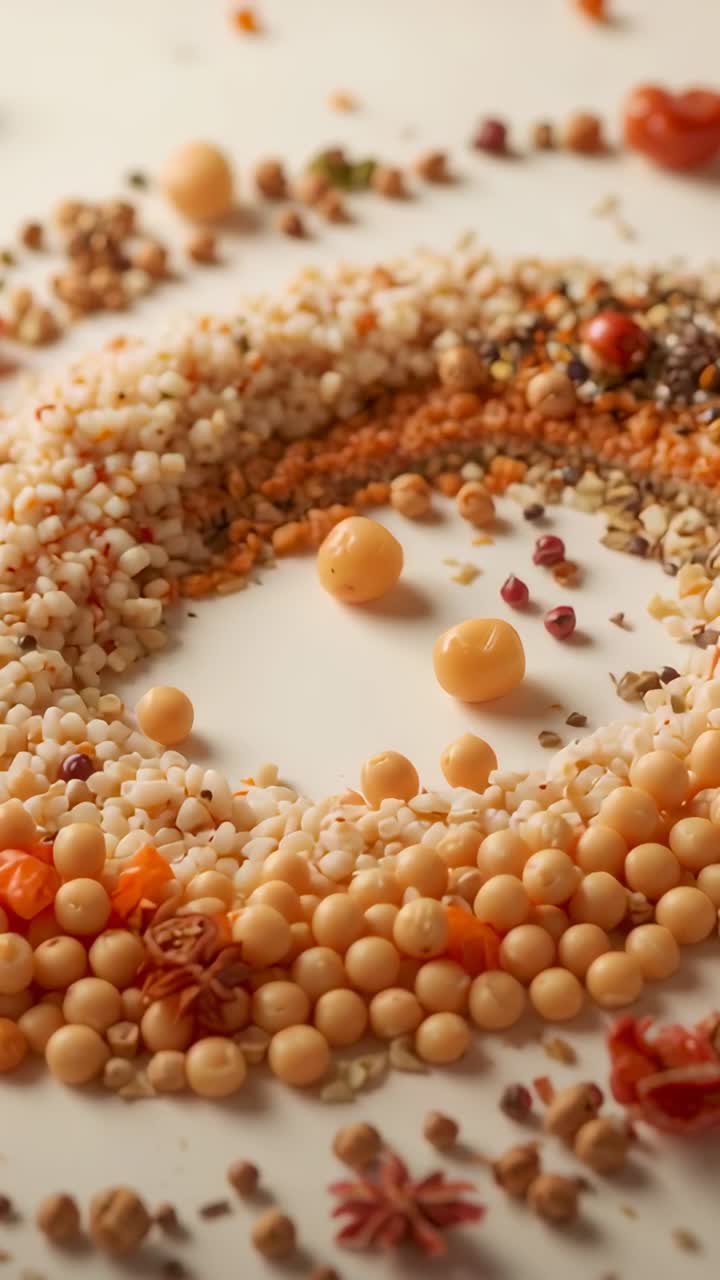 Vertical video: Pulling back, camera revealing spice rings on white platter, glossy beads shifting