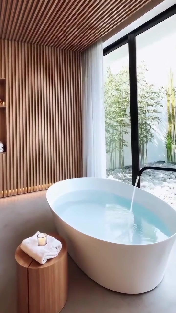 Acqua che riempie una vasca da bagno moderna in un bagno spa sereno.