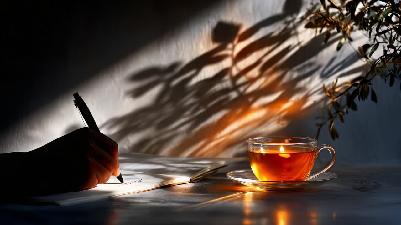A Tranquil Evening Scene Featuring a Hand Writing in a Notebook Beside a Candlelit Cup of Tea, Casting Beautiful Shadows of Leaves in Soft, Warm Light