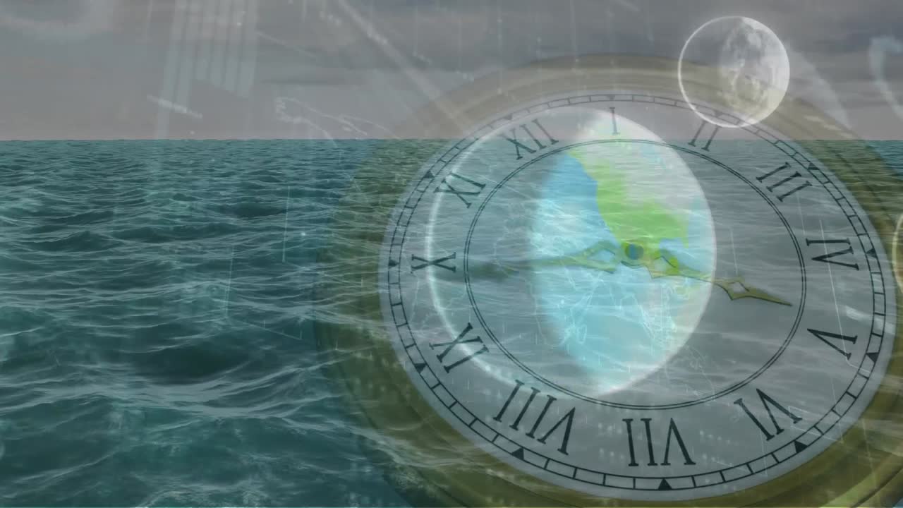 태양계, 행성 및 바다 위의 공간과 시계의 애니메이션