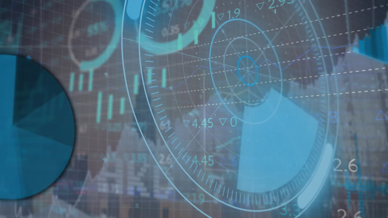 파이어 스테이트 빌딩의 높은 섹션에 대한 스캔 서클, 숫자, 그래프의 애니메이션