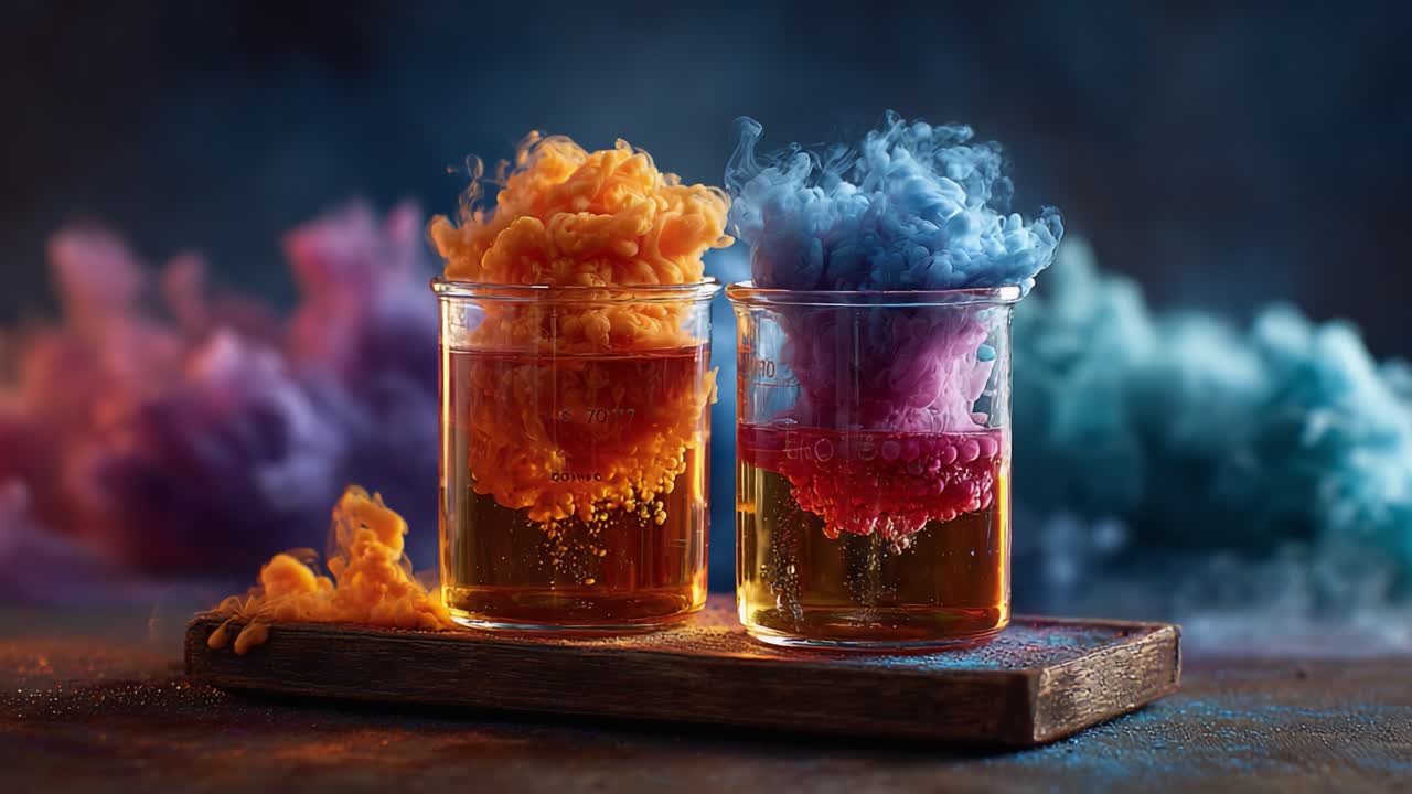Dynamic Color Reaction: A Visual Journey of Colorful Smoke and Fluid Dynamics Captured in Two Stunning Frames of Vibrant Experimentation