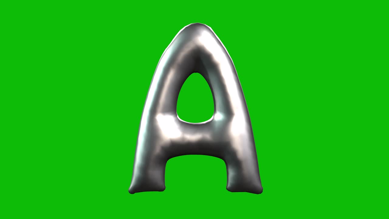 Silver Foil balloon letter A inflates, spins, and reveals on green screen in 3D animation. Ideal for celebrations, parties, birthdays, and video editing projects