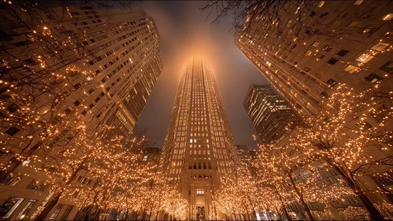 A Stunning Twilight View of a Radiant Skyscraper Surrounded by Glittering Holiday Lights, Captured from an Upward Angle Amidst a Cityscape at Night