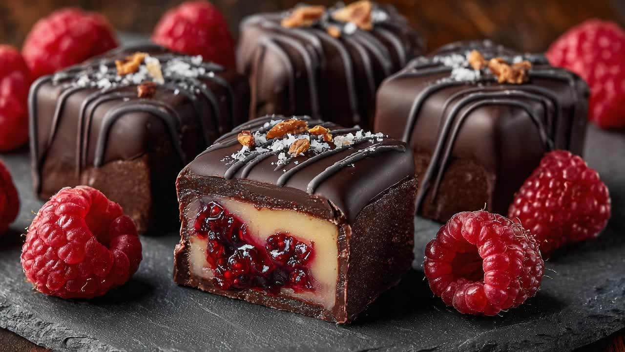 Indulge in Decadent Chocolate Confections: Rich Cocoa Treats with Raspberry Filling and Gourmet Toppings Elevate Dessert to New Heights