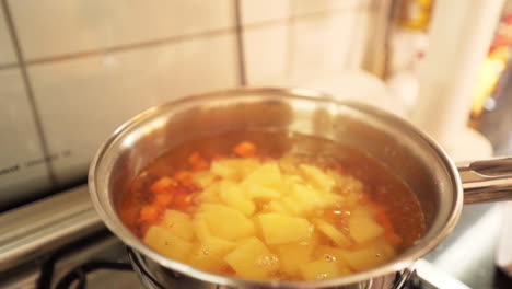 female hand pouring chopped potatoes in the pan with water in slow motion