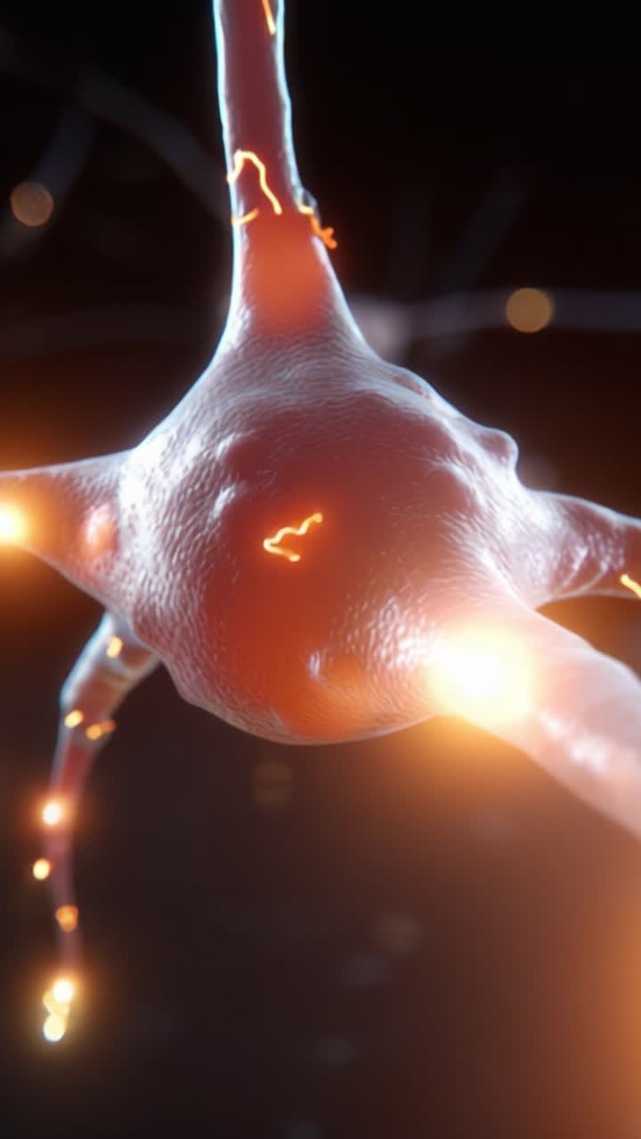 Visualizzazione dinamica di un neurone che evidenzia l'attività sinaptica e le connessioni neurali in un rendering 3D ad alta definizione con assoni e dendriti luminosi