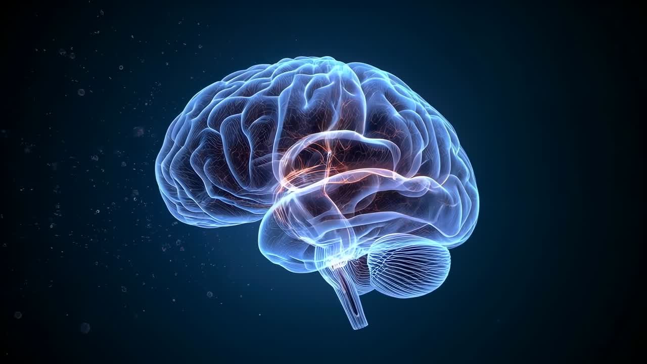 Rotating translucent 3D brain model following faint orange glow, pulsing neural paths in navy field