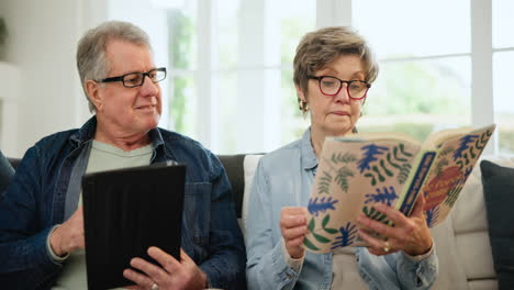 reading, books and senior couple on couch together