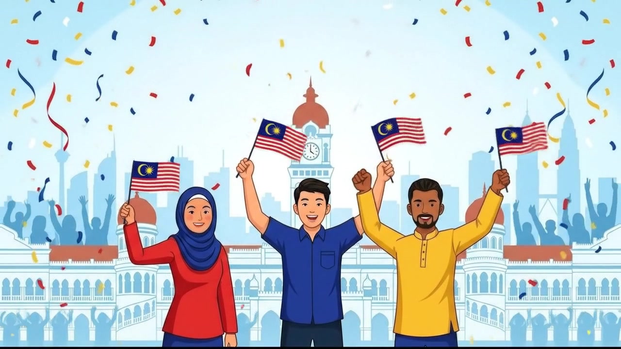 Diverse Group Celebrating Malaysia Independence Day with Flags