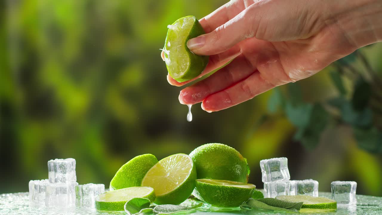 Håndvrider frisk limesaft over isterninger