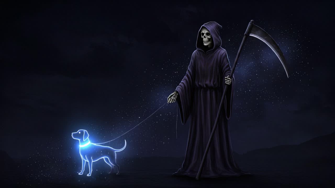 A Mysterious Figure in a Dark Cloak Walks a Glowing Dog Under the Stars, Blending Elements of Supernatural and Companionship in an Enigmatic Scene