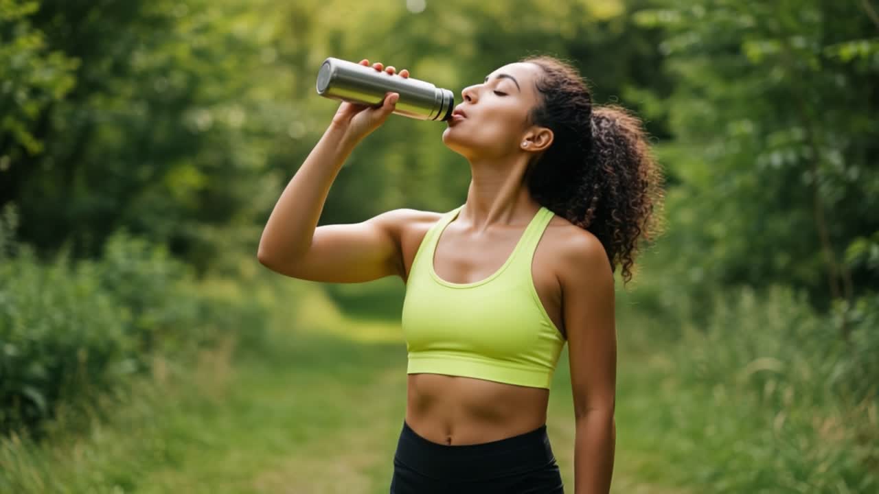 A Fit Individual Enjoys Refreshment in a Lush Natural Setting, Emphasizing Hydration and Wellness during Outdoor Activity