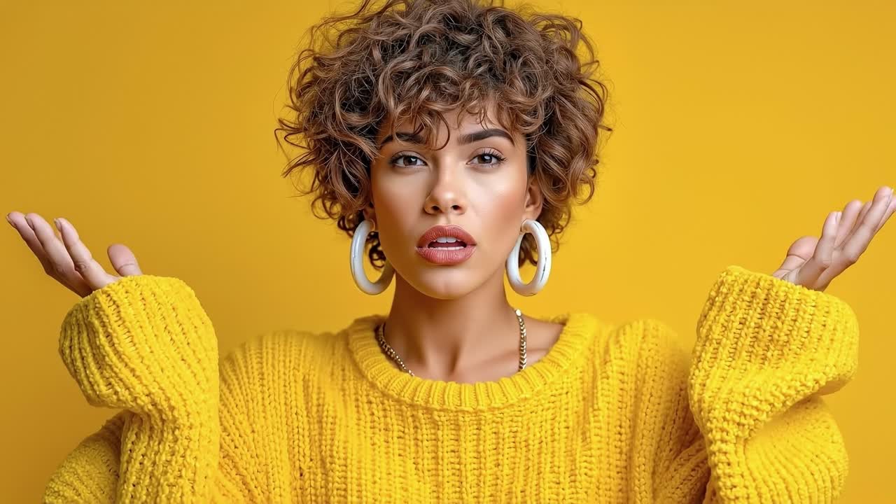 A woman in a yellow sweater with her hands outstretched