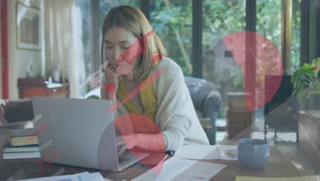 animation of statistical data processing over asian woman using laptop at home