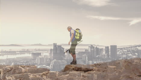 composite of caucasian senior man hiking on mountain, and modern cityscape