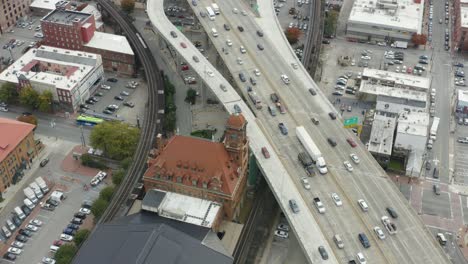 flying towards and over the richmond clock tower train station found in the heart of downtown richmond virginia