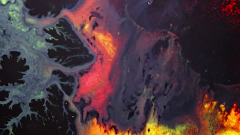 Substances mixing in a macro shot, with vibrant colors and fluid motion