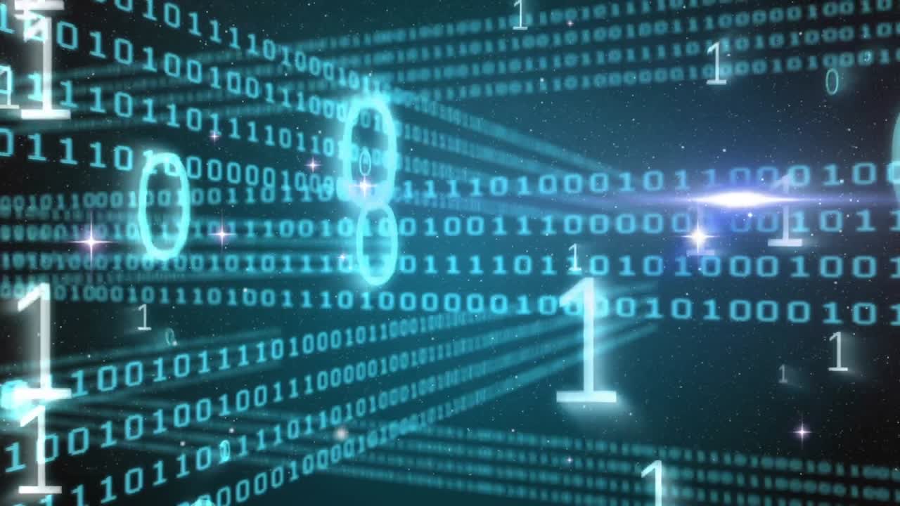 Animation of white shiny numbers floating over multiple lines of blue numbers